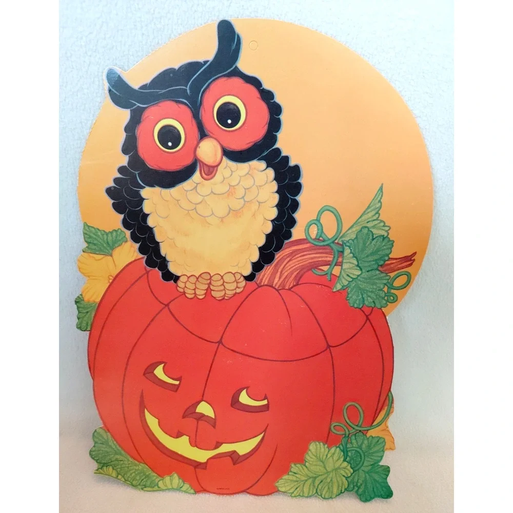 3 Vtg 1970s Eureka Halloween Die-Cut Cutout Decorations Owl/Ghosts/Bats/Pumpkins